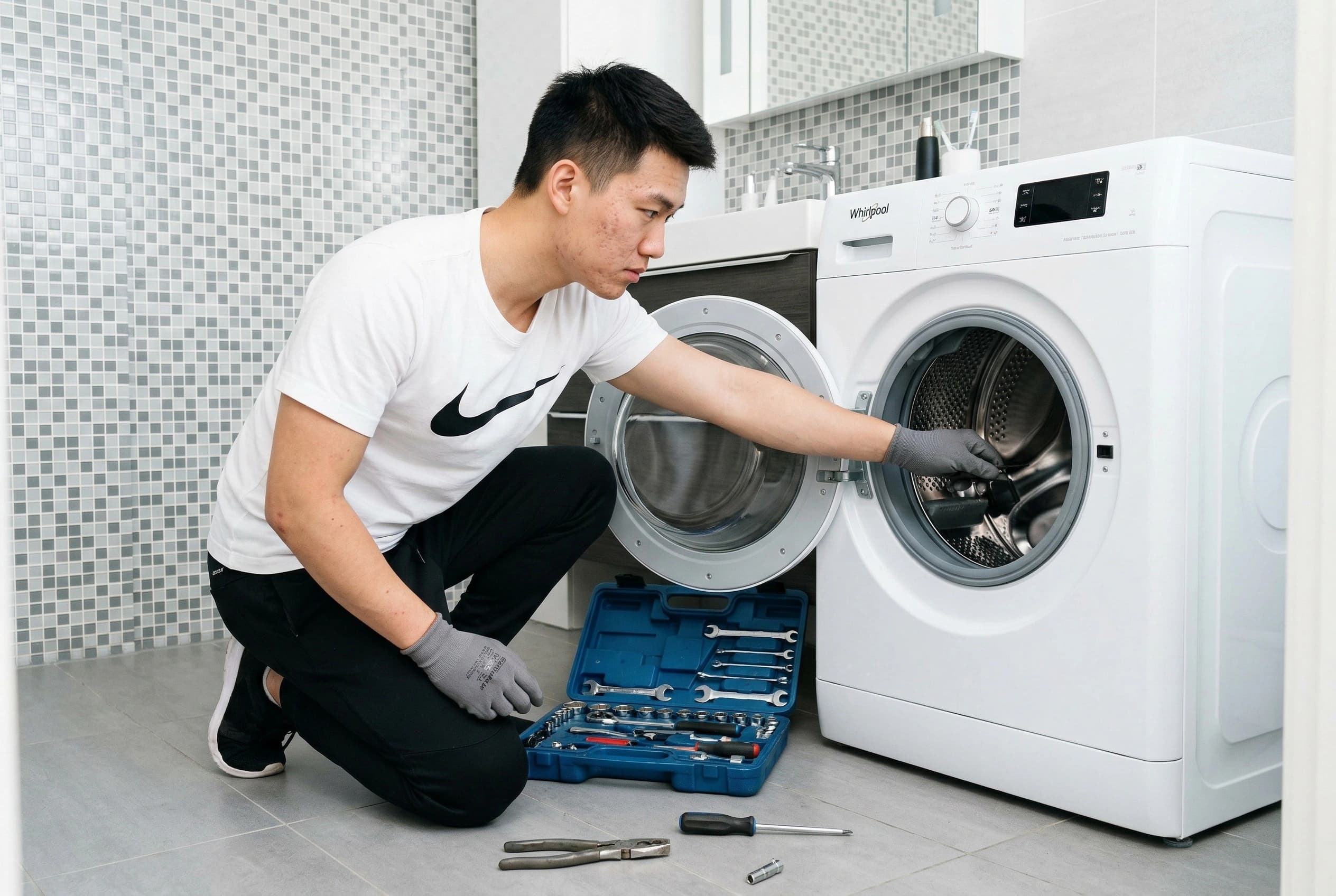 Professional appliance repair technician working on a washing machine